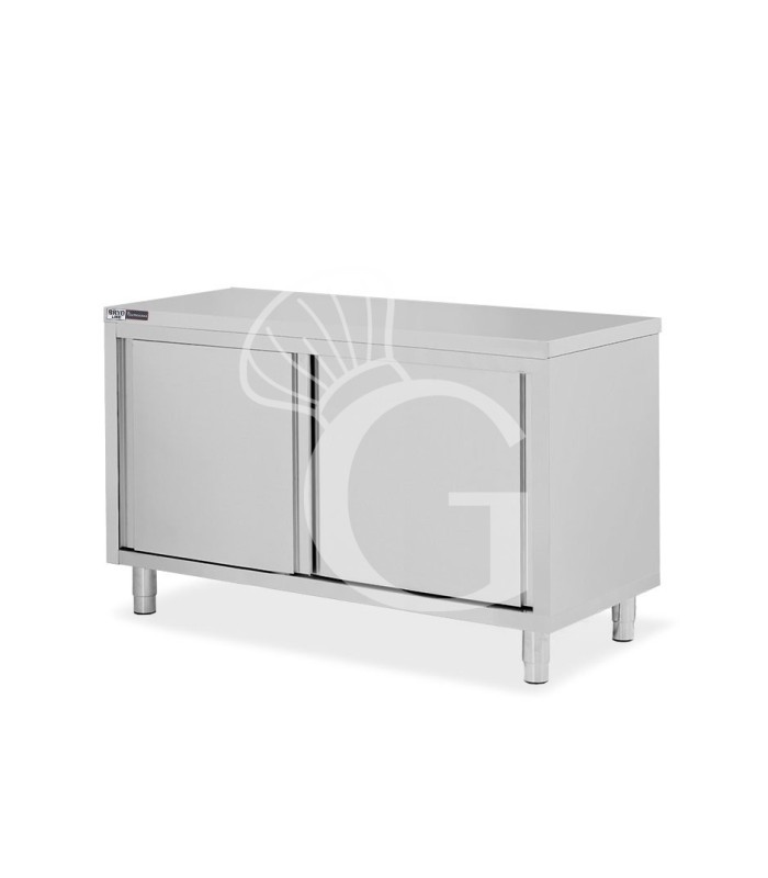 Tavolo armadiato in acciaio inox con 2 porte scorrevoli, L 1400 mm x P 700 mm x H 850 mm