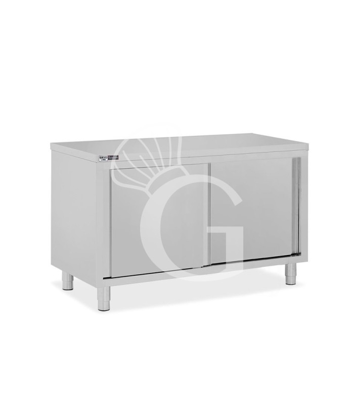 Tavolo armadiato in acciaio inox con 2 porte scorrevoli, L 1400 mm x P 700 mm x H 850 mm