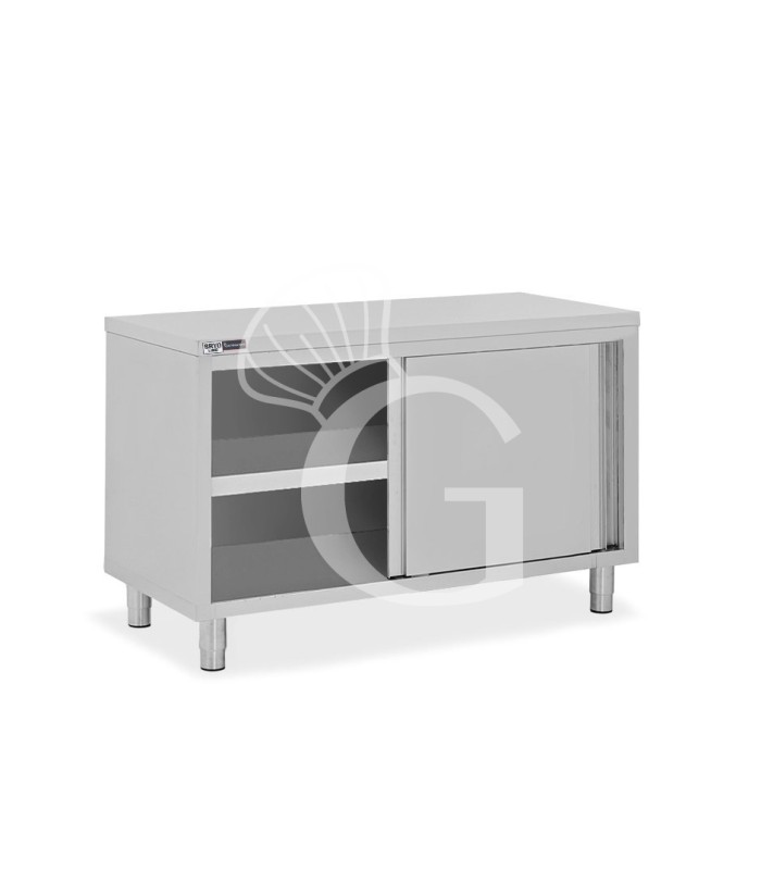 Tavolo armadiato in acciaio inox con 2 porte scorrevoli, L 1400 mm x P 700 mm x H 850 mm