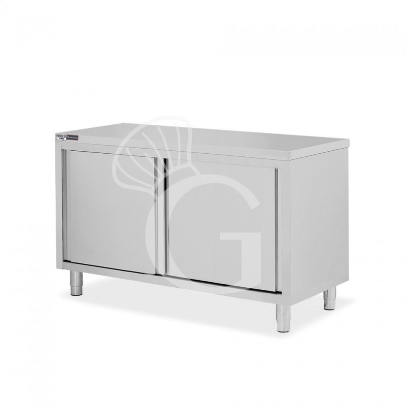Tavolo armadiato in acciaio inox con 2 porte scorrevoli, L 1400 mm x P 600 mm x H 850 mm Tavolo armadiato in acciaio inox con 2 porte scorrevoli, L 1400 mm x P 600 mm x H 850 mm