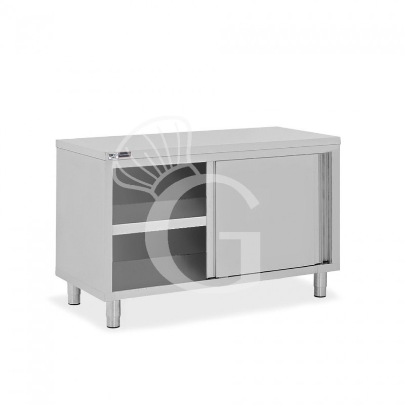 Tavolo armadiato in acciaio inox con 2 porte scorrevoli, L 1400 mm x P 600 mm x H 850 mm