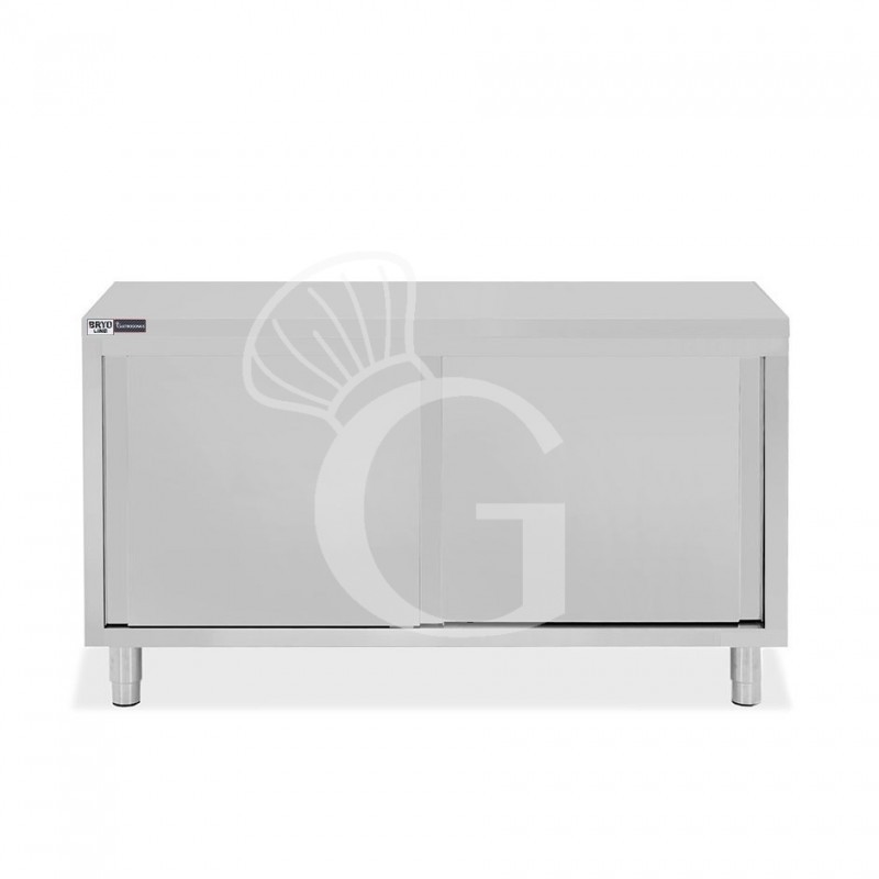 Tavolo armadiato in acciaio inox con 2 porte scorrevoli, L 1600 mm x P 700 mm x H 850 mm Tavolo armadiato in acciaio inox con 2 porte scorrevoli, L 1600 mm x P 700 mm x H 850 mm