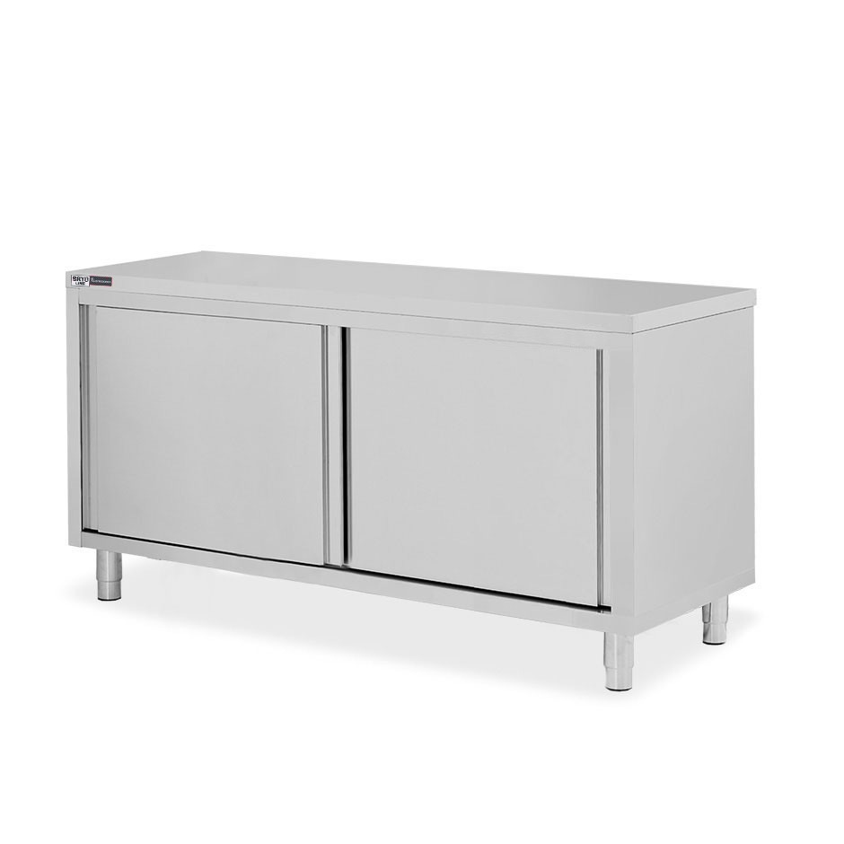 Tavolo armadiato in acciaio inox con 2 porte scorrevoli, L 1800 mm x P 600 mm x H 850 mm