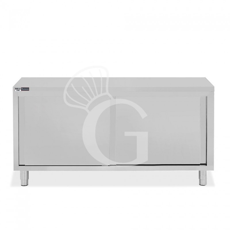 Tavolo armadiato in acciaio inox con 2 porte scorrevoli, L 2000 mm x P 700 mm x H 850 mm Tavolo armadiato in acciaio inox con 2 porte scorrevoli, L 2000 mm x P 700 mm x H 850 mm