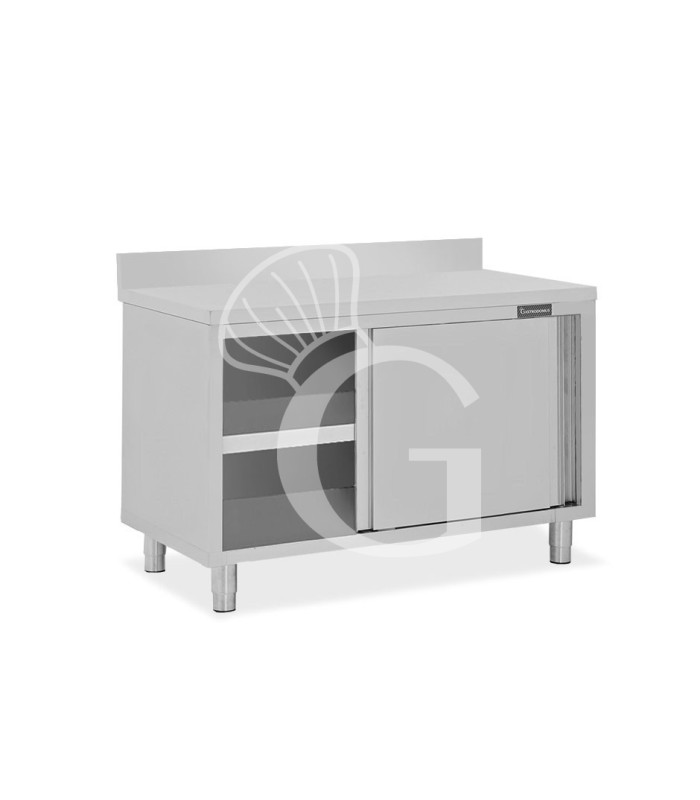 Tavolo inox armadiato con 2 porte scorrevoli e alzatina, L 1100 mm x P 800 mm x H 950 mm