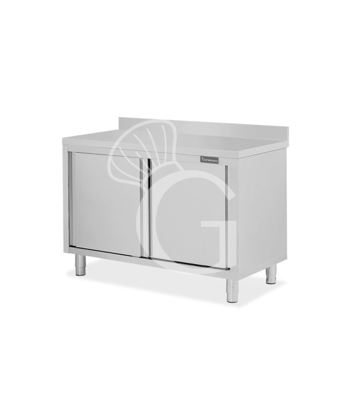 Tavolo inox armadiato con 2 porte scorrevoli e alzatina, L 1200 mm x P 800 mm x H 950 mm