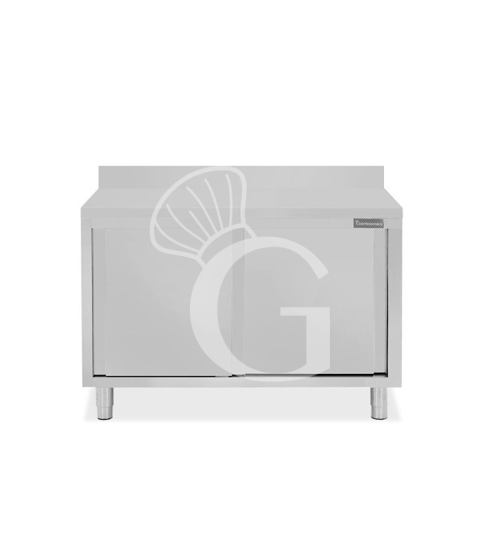 Tavolo inox armadiato con 2 porte scorrevoli e alzatina, L 1200 mm x P 800 mm x H 950 mm