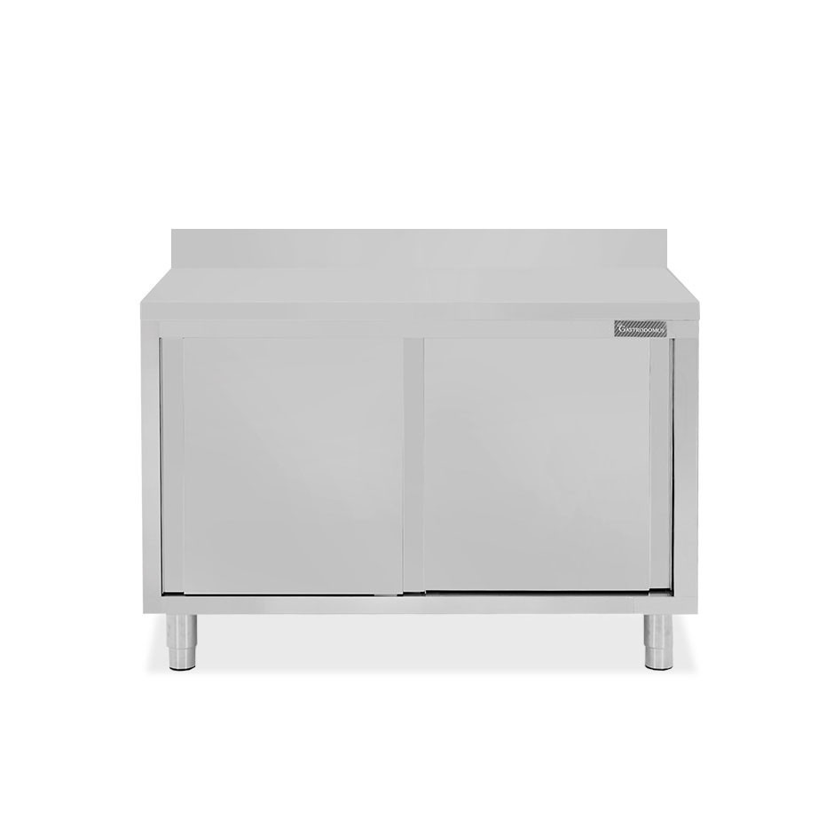 Tavolo inox armadiato con 2 porte scorrevoli e alzatina, L 1200 mm x P 800 mm x H 950 mm