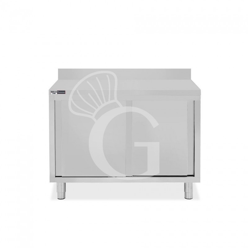 Tavolo inox armadiato con 2 porte scorrevoli e alzatina, L 1000 mm x P 600 mm x H 950 mm Tavolo inox armadiato con 2 porte scorrevoli e alzatina, L 1000 mm x P 600 mm x H 950 mm