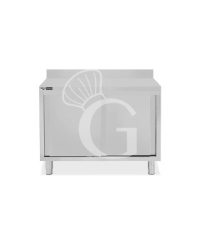 Tavolo inox armadiato con 2 porte scorrevoli e alzatina, L 1000 mm x P 800 mm x H 950 mm