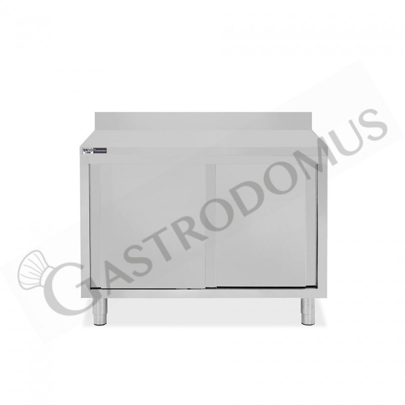 Tavolo inox armadiato con 2 porte scorrevoli e alzatina, L 1000 mm x P 800 mm x H 950 mm Tavolo inox armadiato con 2 porte scorrevoli e alzatina, L 1000 mm x P 800 mm x H 950 mm