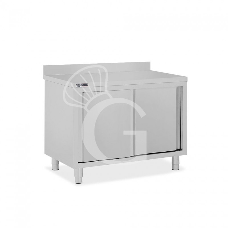 Tavolo inox armadiato con 2 porte scorrevoli e alzatina, L 1000 mm x P 800 mm x H 950 mm