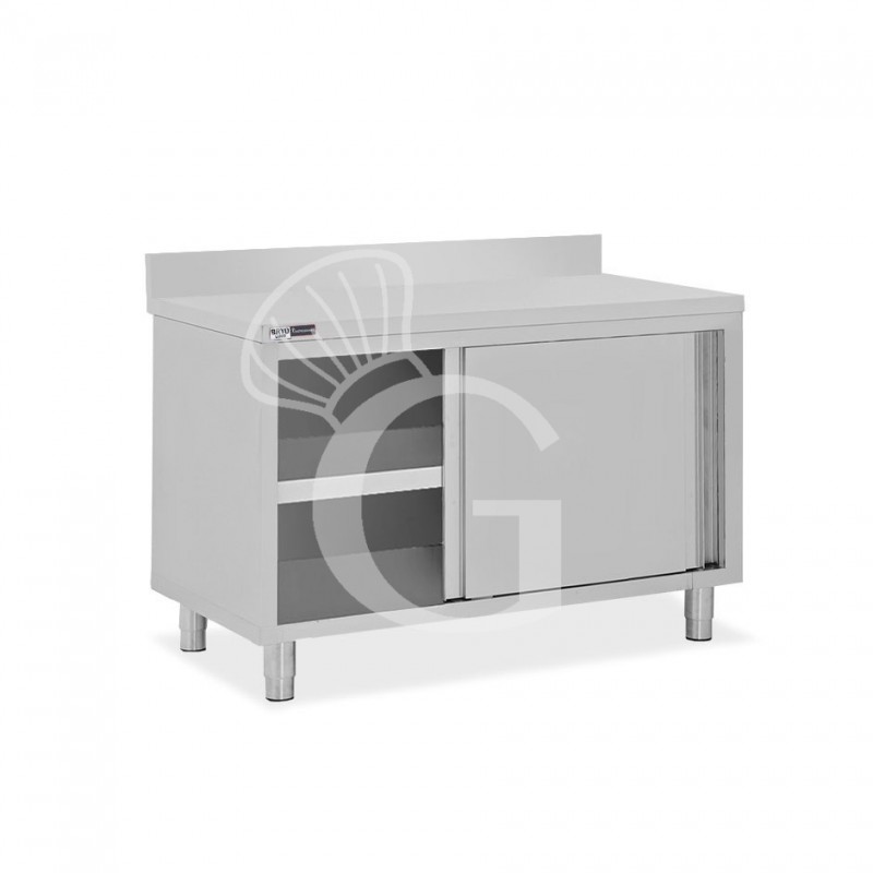 Tavolo inox armadiato con 2 porte scorrevoli e alzatina, L 1000 mm x P 800 mm x H 950 mm