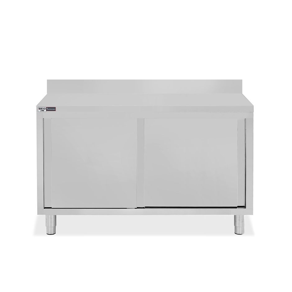 Tavolo inox armadiato con 2 porte scorrevoli e alzatina, L 1300 mm x P 800 mm x H 950 mm