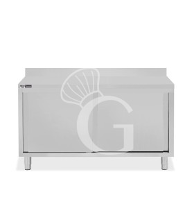 Tavolo inox armadiato con 2 porte scorrevoli e alzatina, L 1500 mm x P 800 mm x H 950 mm