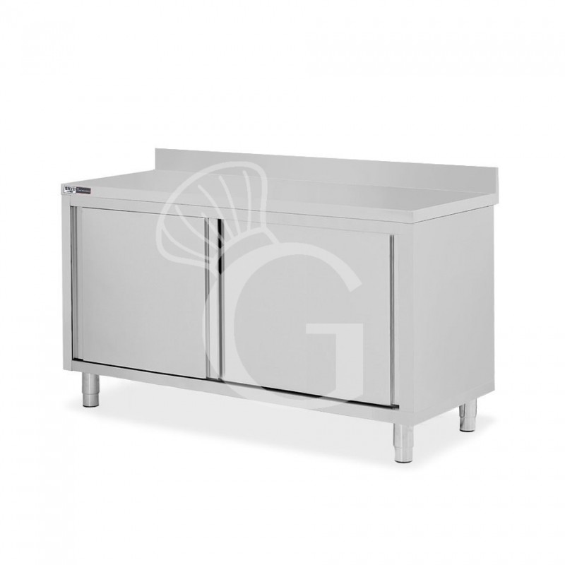 Tavolo inox armadiato con 2 porte scorrevoli e alzatina, L 1600 mm x P 800 mm x H 950 mm