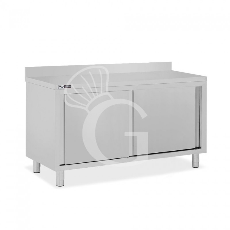 Tavolo inox armadiato con 2 porte scorrevoli e alzatina, L 1600 mm x P 800 mm x H 950 mm