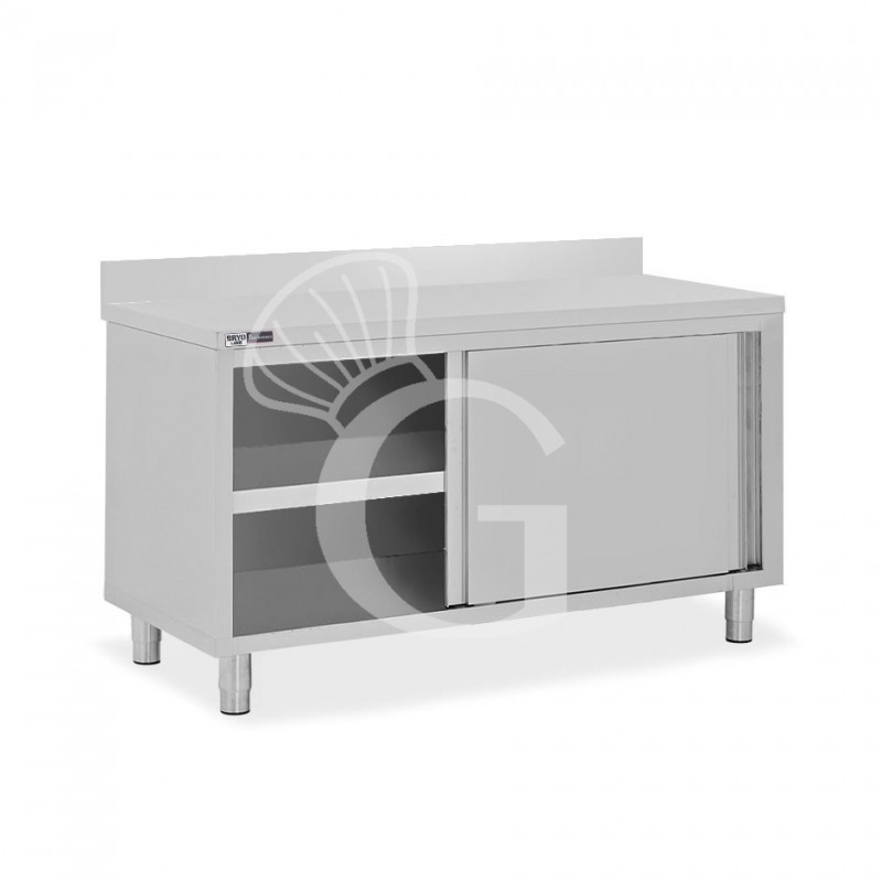 Tavolo inox armadiato con 2 porte scorrevoli e alzatina, L 1600 mm x P 800 mm x H 950 mm