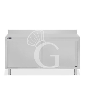 Tavolo inox armadiato con 2 porte scorrevoli e alzatina, L 1700 mm x P 800 mm x H 950 mm