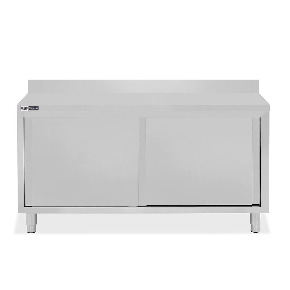 Tavolo inox armadiato con 2 porte scorrevoli e alzatina, L 1700 mm x P 800 mm x H 950 mm