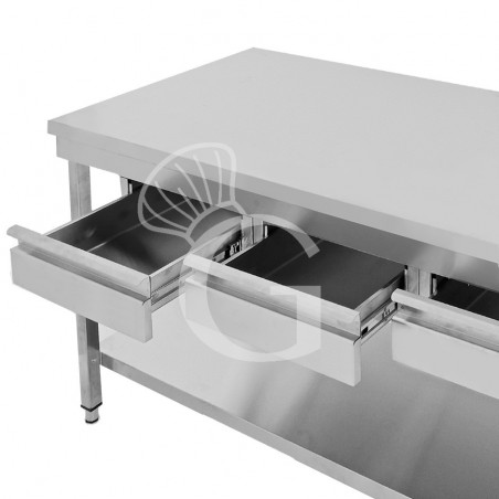 Tavolo inox ripiano 3 cassetti L 1400 mm x P 700 mm x H 865 mm -dettaglio cassetti Tavolo inox ripiano 3 cassetti L 1400 mm x P 700 mm x H 865 mm -dettaglio cassetti
