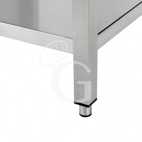 Tavolo inox ripiano 3 cassetti L 1400 mm x P 700 mm x H 865 mm - dettaglio piedino Tavolo inox ripiano 3 cassetti L 1400 mm x P 700 mm x H 865 mm - dettaglio piedino