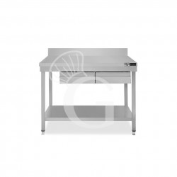Tavolo inox ripiano alzatina 2 cassetti L 1100 mm x P 600 mm x H 965 mm