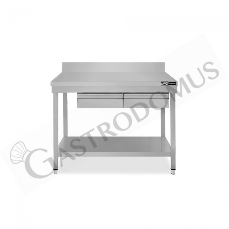 Tavolo inox ripiano alzatina 2 cassetti L 1100 mm x P 600 mm x H 965 mm Tavolo inox ripiano alzatina 2 cassetti L 1100 mm x P 600 mm x H 965 mm