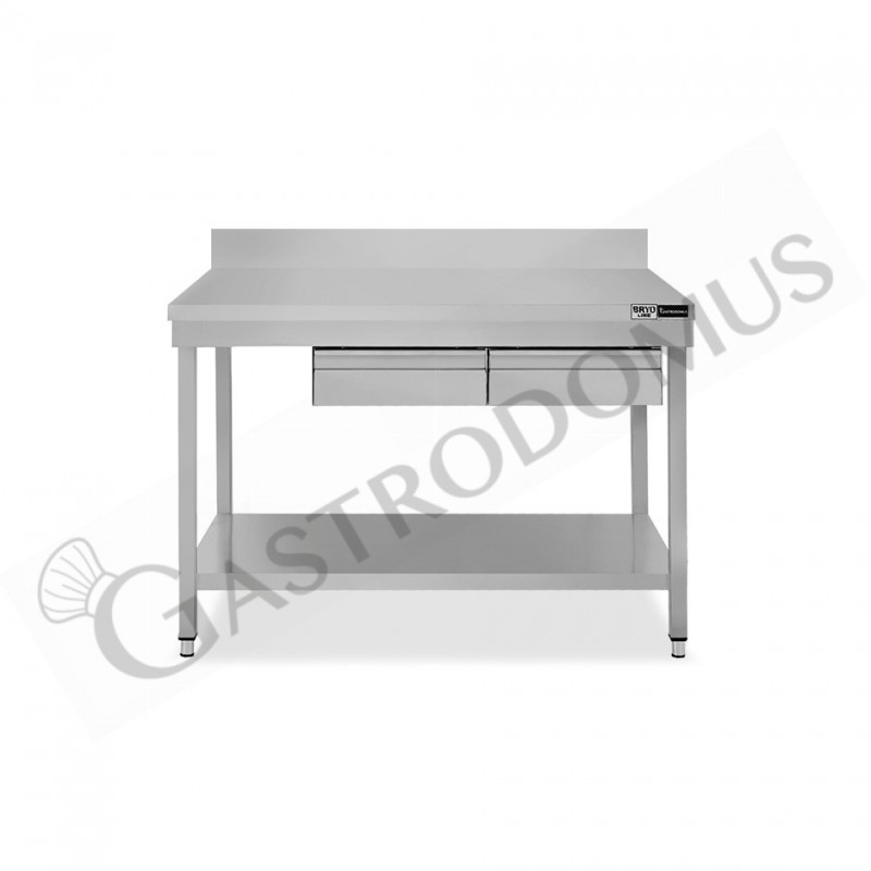 Tavolo inox ripiano alzatina 2 cassetti L 1300 mm x P 600 mm x H 965 mm Tavolo inox ripiano alzatina 2 cassetti L 1300 mm x P 600 mm x H 965 mm