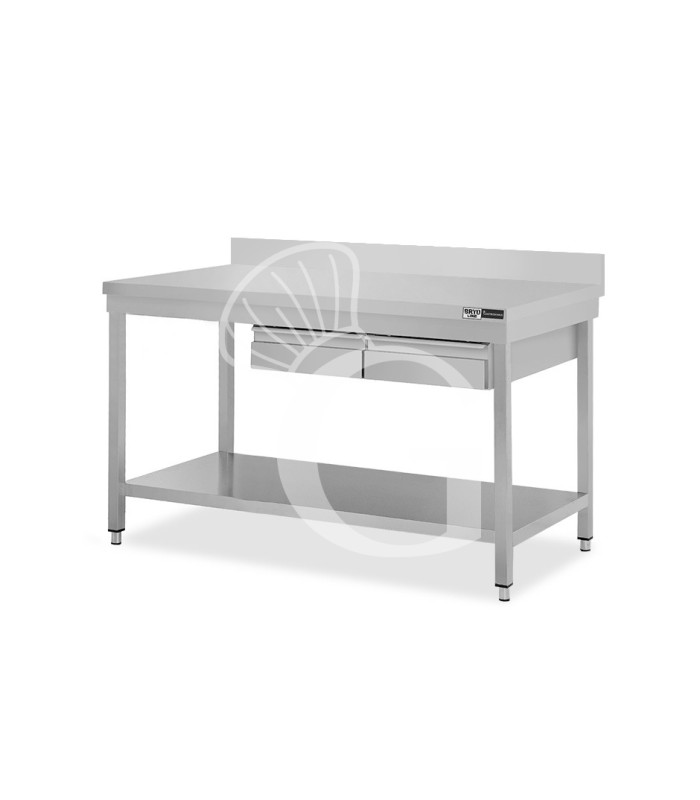 Tavolo inox ripiano alzatina 2 cassetti L 1200 mm x P 700 mm x H 965 mm