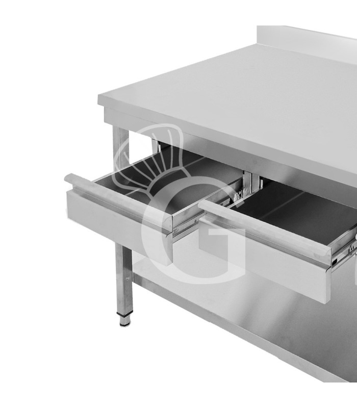 Tavolo inox ripiano alzatina 2 cassetti L 1200 mm x P 700 mm x H 965 mm- dettaglio cassetti