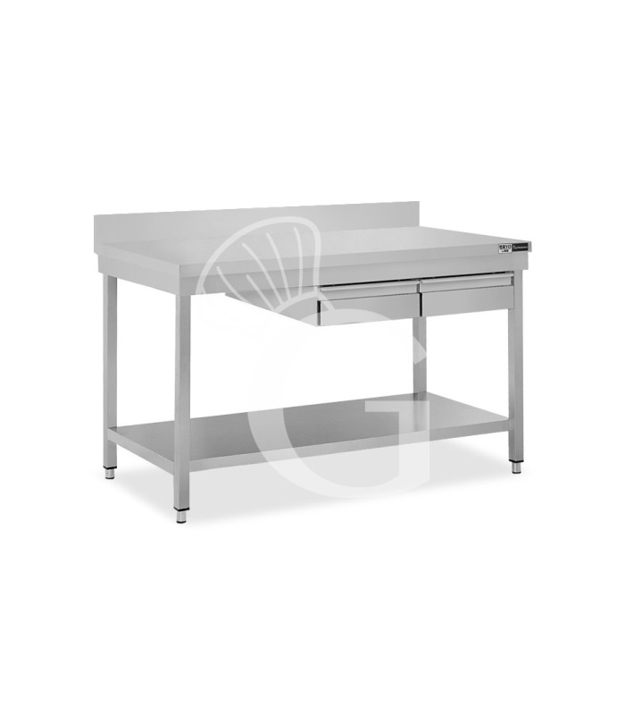 Tavolo inox ripiano alzatina 2 cassetti L 1200 mm x P 700 mm x H 965 mm