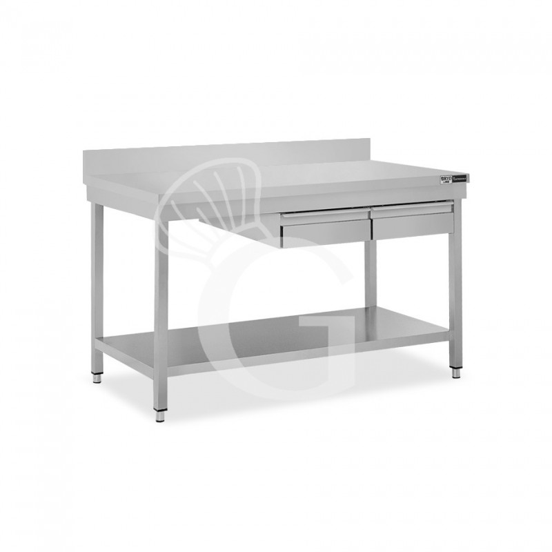 Tavolo inox ripiano alzatina 2 cassetti L 1300 mm x P 700 mm x H 965 mm