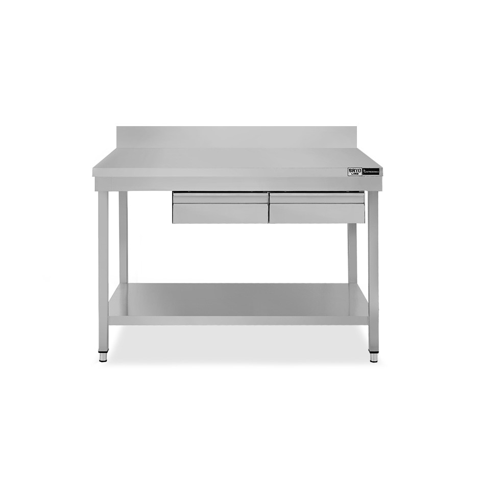 Tavolo inox ripiano alzatina 2 cassetti L 1300 mm x P 700 mm x H 965 mm