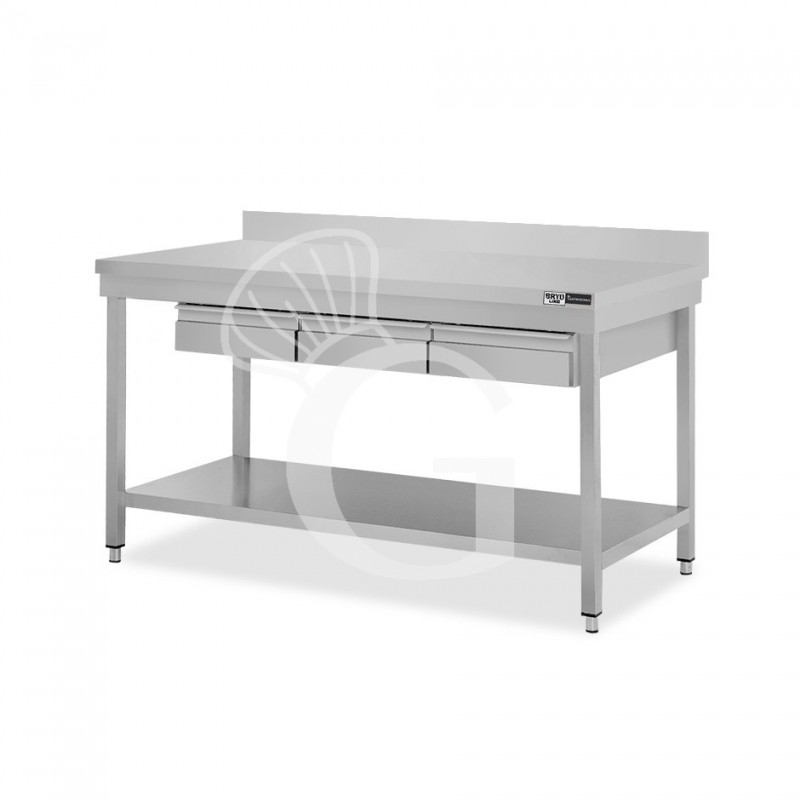 Tavolo inox ripiano alzatina 3 cassetti L 1500 mm x P 700 mm x H 965 mm