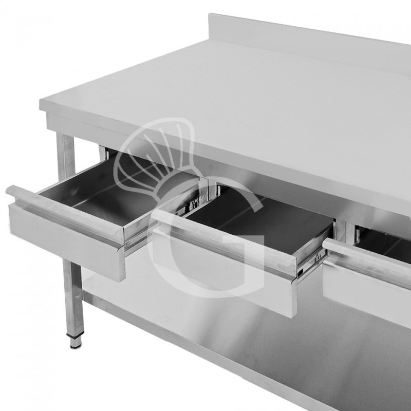 Tavolo inox ripiano alzatina 3 cassetti L 1500 mm x P 700 mm x H 965 mm-dettaglio cassetti