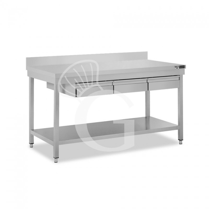 Tavolo inox ripiano alzatina 3 cassetti L 1500 mm x P 700 mm x H 965 mm