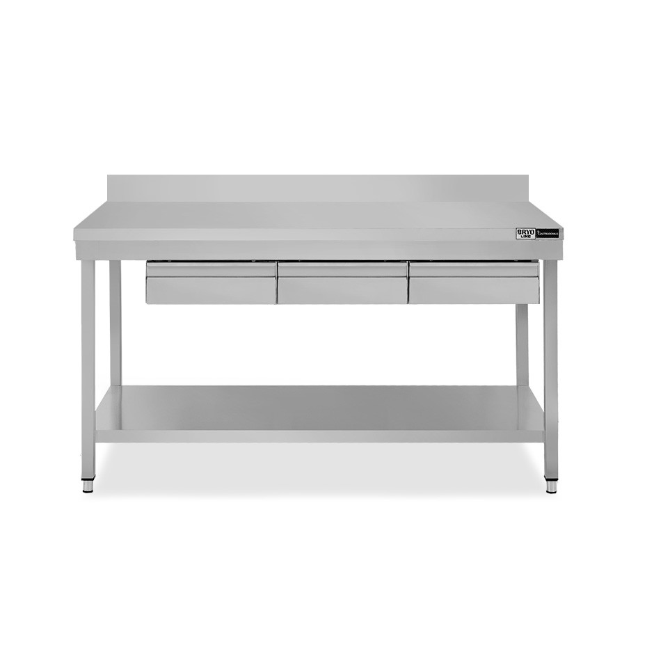 Tavolo inox ripiano alzatina 3 cassetti L 1500 mm x P 700 mm x H 965 mm