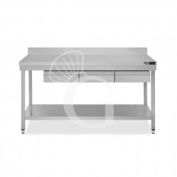 Tavolo inox ripiano alzatina 3 cassetti L 1600 mm x P 700 mm x H 965 mm