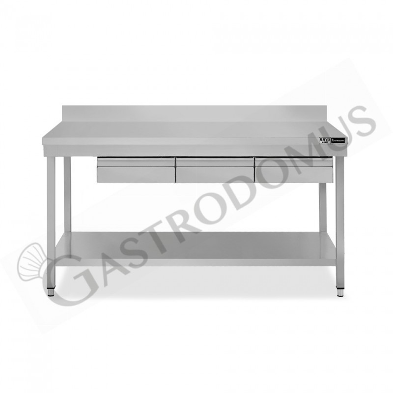 Tavolo inox ripiano alzatina 3 cassetti L 1600 mm x P 700 mm x H 965 mm Tavolo inox ripiano alzatina 3 cassetti L 1600 mm x P 700 mm x H 965 mm