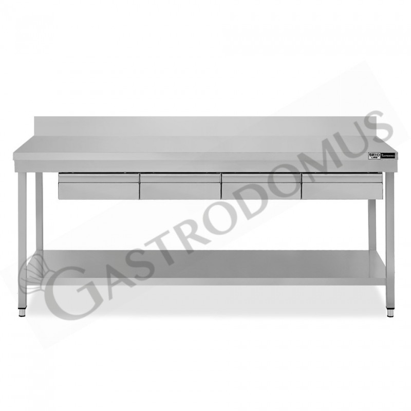 Tavolo inox ripiano alzatina 4 cassetti L 2000 mm x P 600 mm x H 965 mm