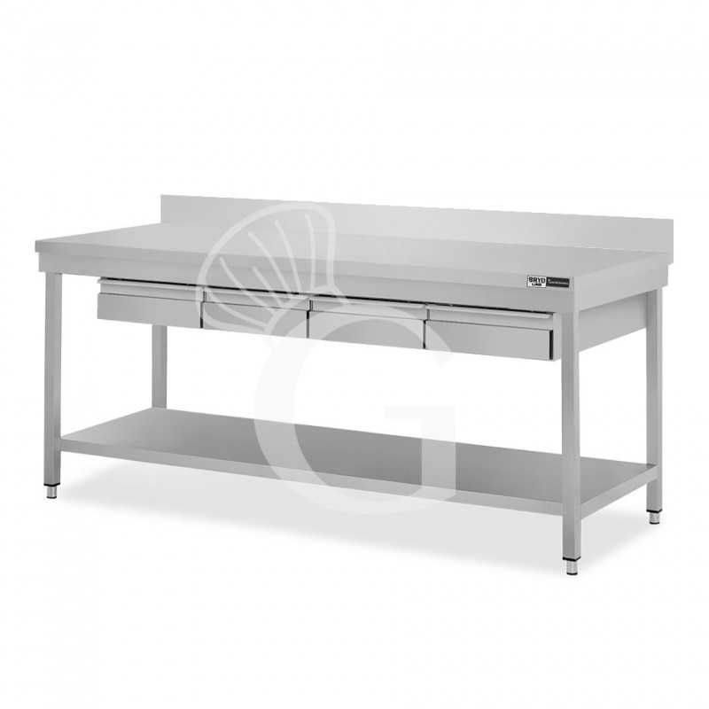 Tavolo inox ripiano alzatina 4 cassetti L 1900 mm x P 700 mm x H 965 mm