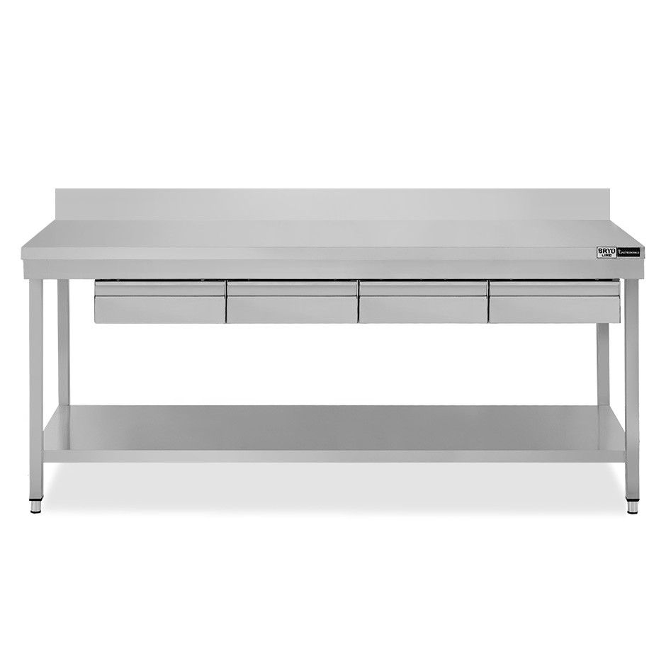 Tavolo inox ripiano alzatina 4 cassetti L 1900 mm x P 700 mm x H 965 mm