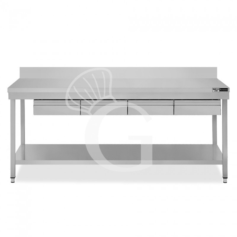 Tavolo inox ripiano alzatina 4 cassetti L 2000 mm x P 700 mm x H 965 mm Tavolo inox ripiano alzatina 4 cassetti L 2000 mm x P 700 mm x H 965 mm