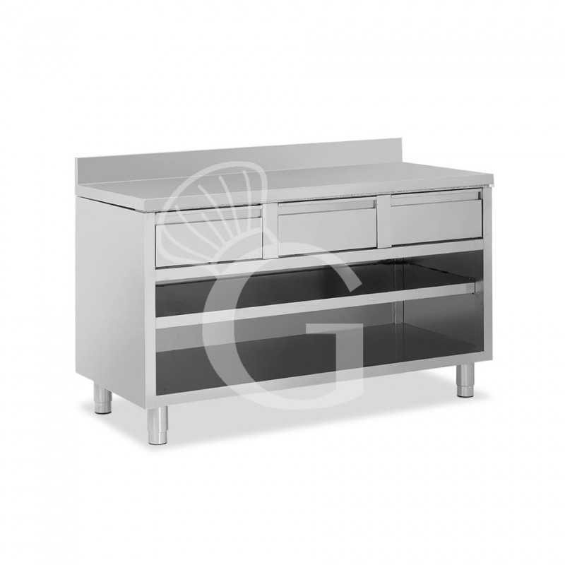 Tavolo a giorno in acciaio inox con 3 cassetti, alzatina, L 1400 mm x P 600 mm x H 950 mm