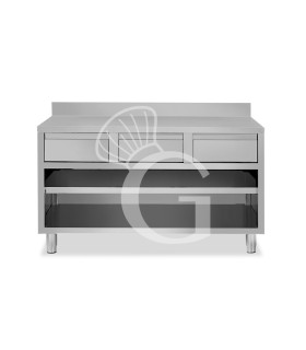 Tavolo a giorno in acciaio inox con 3 cassetti, alzatina, L 1400 mm x P 700 mm x H 950 mm