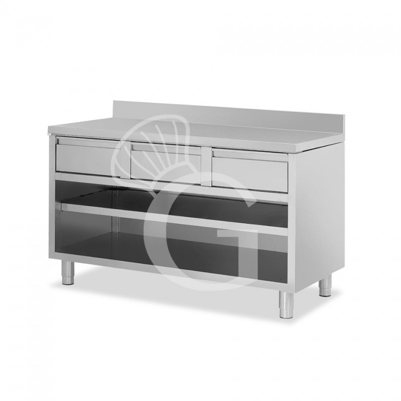 Tavolo a giorno in acciaio inox con 3 cassetti, alzatina, L 1600 mm x P 600 mm x H 950 mm