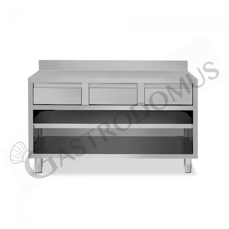 Tavolo a giorno in acciaio inox con 3 cassetti, alzatina, L 1600 mm x P 600 mm x H 950 mm Tavolo a giorno in acciaio inox con 3 cassetti, alzatina, L 1600 mm x P 600 mm x H 950 mm
