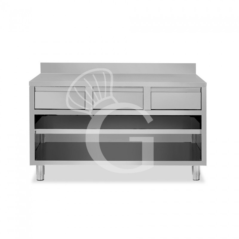 Tavolo a giorno in acciaio inox con 3 cassetti, alzatina, L 1600 mm x P 700 mm x H 950 mm Tavolo a giorno in acciaio inox con 3 cassetti, alzatina, L 1600 mm x P 700 mm x H 950 mm