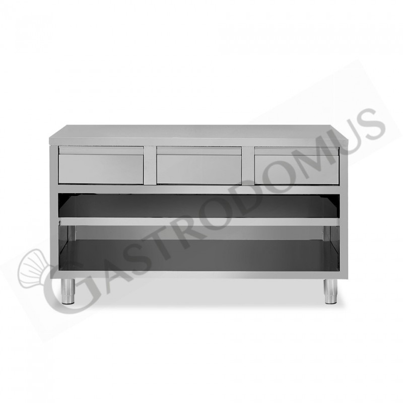 Tavolo a giorno in acciaio inox con 3 cassetti, L 1400 mm x P 600 mm x H 850 mm Tavolo a giorno in acciaio inox con 3 cassetti, L 1400 mm x P 600 mm x H 850 mm